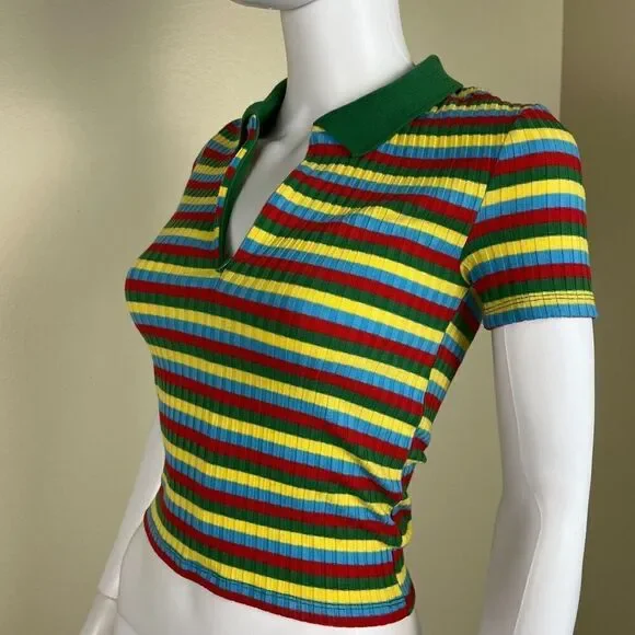 Zara Women's Size S Colorful Striped Ribbed Collard Pullover Short Sleeve Top - Picture 8 of 11